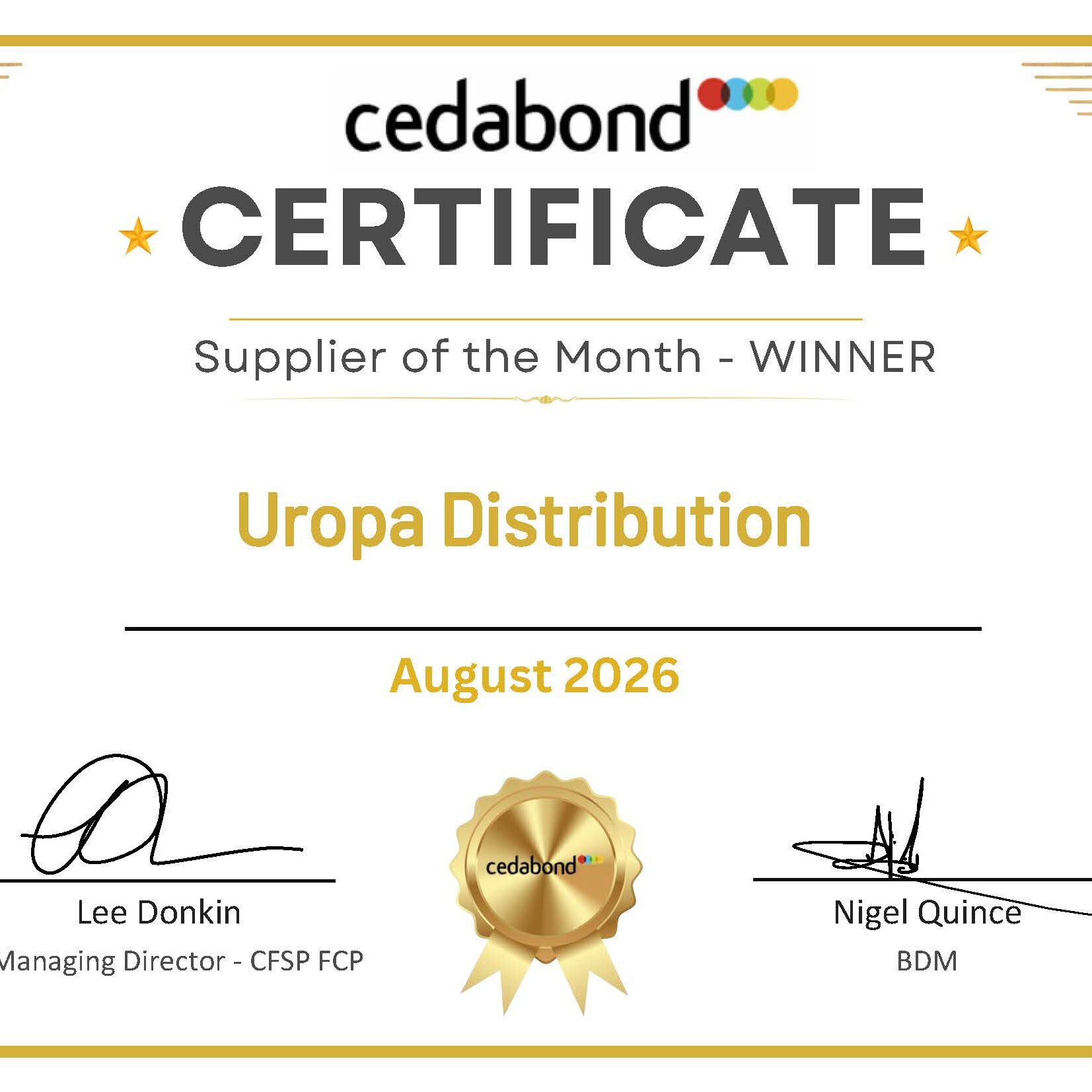 August Supplier of the Month WINNER - Uropa